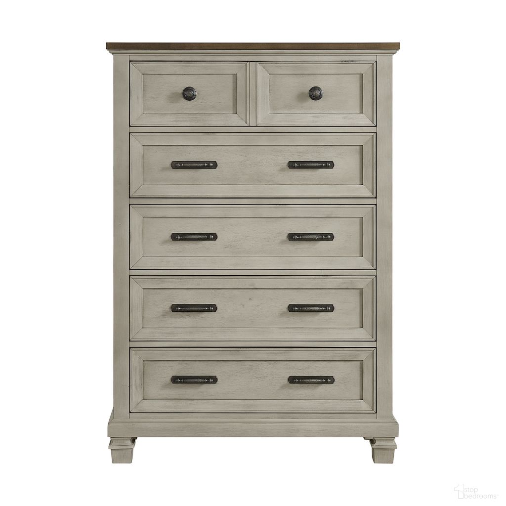 The appearance of Bloomfield 5-Drawer Chest In Medium Brown and Washed Stone designed by Picket House in the country / farmhouse interior design. This medium brown/washed stone piece of furniture  was selected by 1StopBedrooms from Bloomfield Collection to add a touch of cosiness and style into your home. Sku: B-9890-7-CH. Material: Acacia.