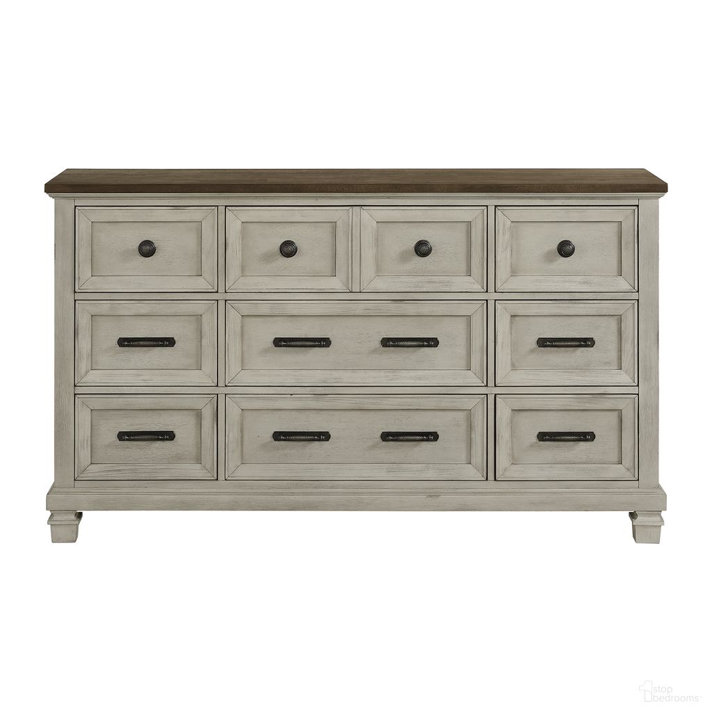 The appearance of Bloomfield 9-Drawer Dresser In Medium Brown and Washed Stone designed by Picket House in the country / farmhouse interior design. This medium brown/washed stone piece of furniture  was selected by 1StopBedrooms from Bloomfield Collection to add a touch of cosiness and style into your home. Sku: B-9890-7-DR. Material: Acacia.