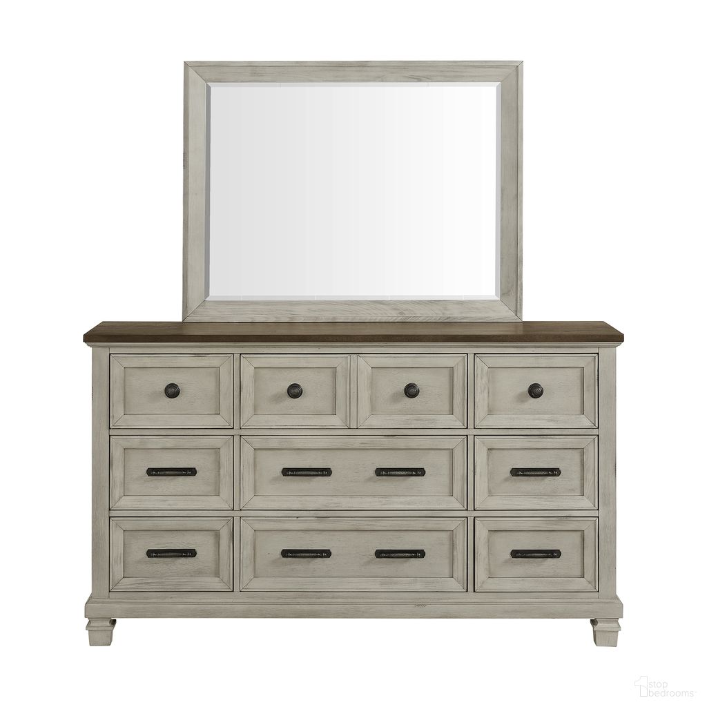 The appearance of Bloomfield Dresser and Mirror Set In Medium Brown and Washed Stone designed by Picket House in the country / farmhouse interior design. This medium brown/washed stone piece of furniture  was selected by 1StopBedrooms from Bloomfield Collection to add a touch of cosiness and style into your home. Sku: B-9890-7-DR;B-9890-7-MR. Material: Acacia.