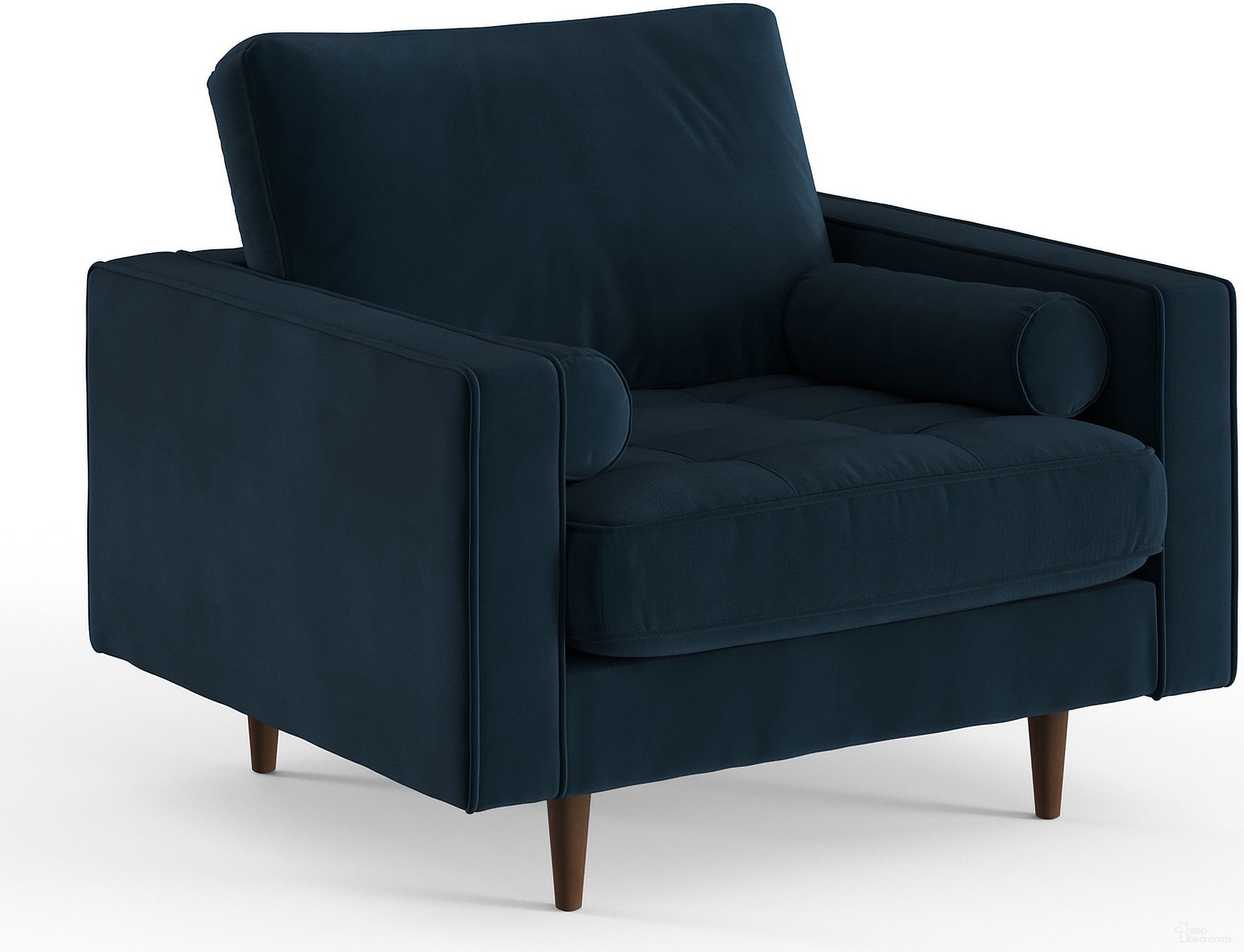 The appearance of Bloomfield Performance Velvet Arm Chair In Blue designed by Aeon in the modern / contemporary interior design. This blue piece of furniture  was selected by 1StopBedrooms from Bloomfield Collection to add a touch of cosiness and style into your home. Sku: AETH61-Ink Velvet. Material: Wood.