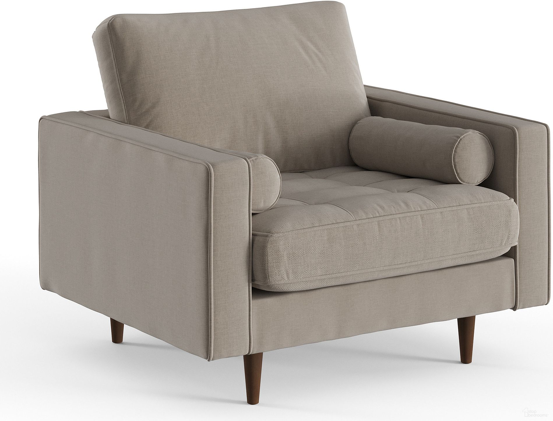The appearance of Bloomfield Upholstered Fabric Arm Chair In Grey designed by Aeon in the modern / contemporary interior design. This grey piece of furniture  was selected by 1StopBedrooms from Bloomfield Collection to add a touch of cosiness and style into your home. Sku: AETH61-Grey. Material: Wood.