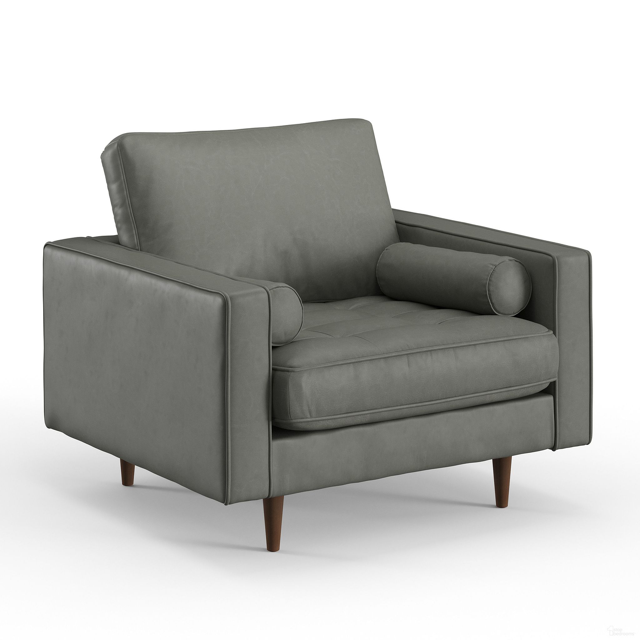 The appearance of Bloomfield Upholstered Vegan Leather Arm Chair In Slate designed by Aeon in the modern / contemporary interior design. This slate piece of furniture was selected by 1StopBedrooms from Bloomfield Collection to add a touch of cosiness and style into your home. Sku: AETH61-Slate. Material: Wood.