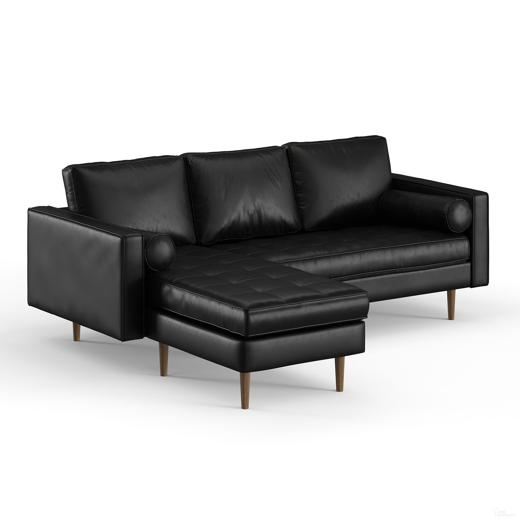 The appearance of Bloomfield Vegan Leather Reversible Sectional In Midnight designed by Aeon in the modern / contemporary interior design. This midnight piece of furniture was selected by 1StopBedrooms from Bloomfield Zander Collection to add a touch of cosiness and style into your home. Sku: AETH53-Midnight. Material: Leather. Layout: Sofa & Chaise.