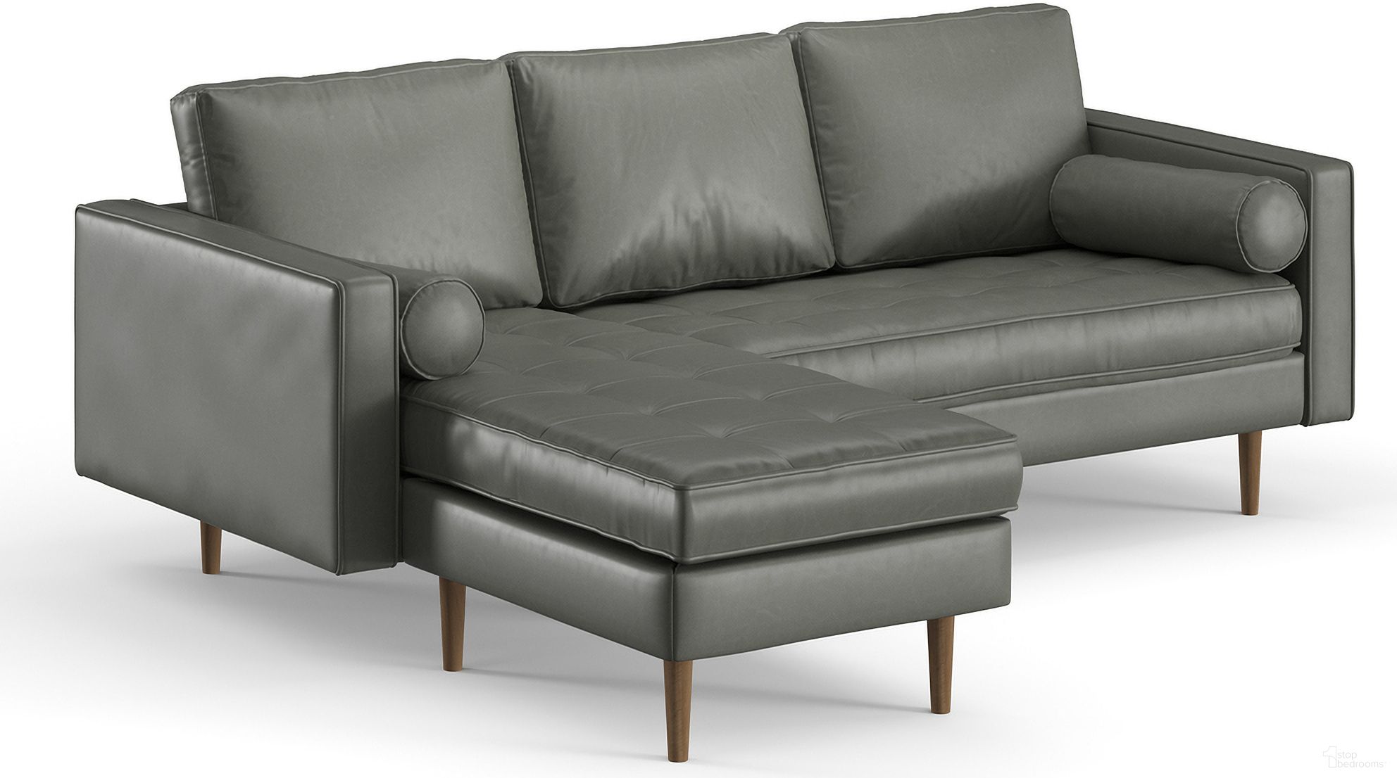 The appearance of Bloomfield Vegan Leather Reversible Sectional In Slate designed by Aeon in the modern / contemporary interior design. This slate piece of furniture was selected by 1StopBedrooms from Bloomfield Zander Collection to add a touch of cosiness and style into your home. Sku: AETH53-Slate. Material: Leather. Layout: Sofa & Chaise.