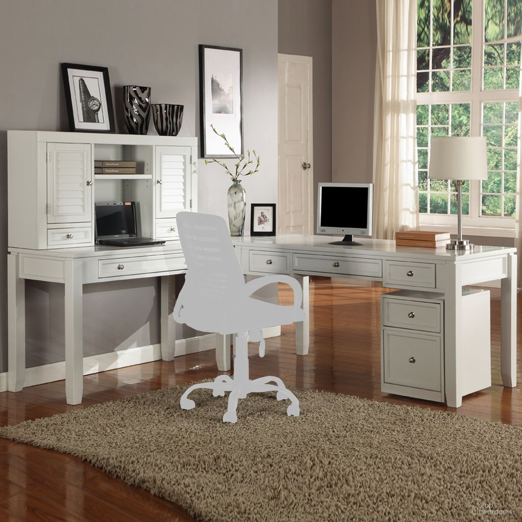 The appearance of Boca 5 Piece L Shape Desk with Lateral File and Hutch In Cottage White designed by Parker House in the transitional interior design. This cottage white piece of furniture was selected by 1StopBedrooms from Boca Collection to add a touch of cosiness and style into your home. Sku: BOC#347D;BOC#347H;BOC#357D;BOC#370;BOC#375. Material: Poplar Solid.