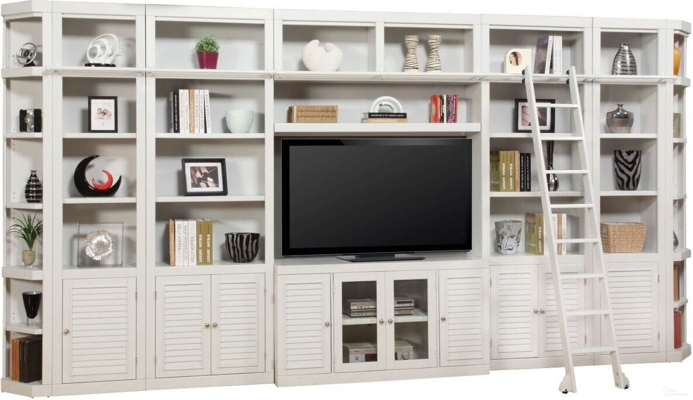The appearance of Boca 9 Piece Entertainment Wall with Corner Bookcases In Cottage White designed by Parker House in the transitional interior design. This cottage white piece of furniture  was selected by 1StopBedrooms from Boca Collection to add a touch of cosiness and style into your home. Sku: BOC#420;BOC#420;BOC#430;BOC#430;BOC#450;BOC#450;BOC#495;BOC#401;BOC#411. Material: Poplar.