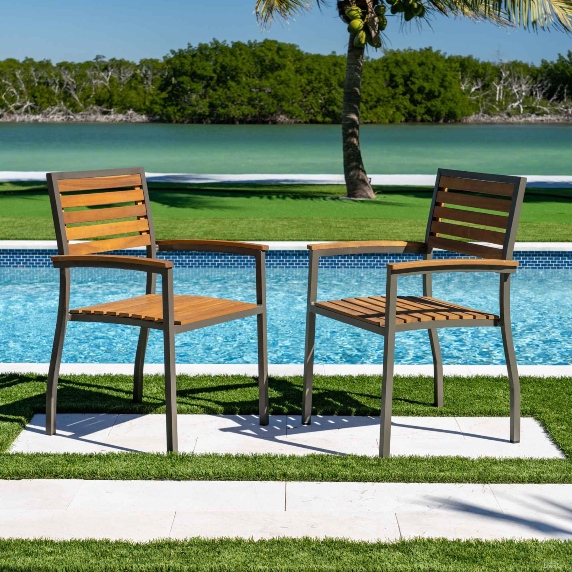 The appearance of Boca Grande Stackable Dining Armchairs In Natural - Set of 2 designed by Pelican Reef in the traditional interior design. This natural piece of furniture  was selected by 1StopBedrooms from Boca Grande Collection to add a touch of cosiness and style into your home. Sku: PJO-3201-GRY-AC-SET2. Material: Aluminum.