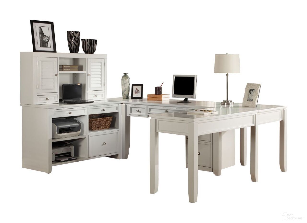 The appearance of Boca U Shape Desk with Credenza File and Hutch In Cottage White designed by Parker House in the transitional interior design. This cottage white piece of furniture was selected by 1StopBedrooms from Boca Collection to add a touch of cosiness and style into your home. Sku: BOC#347C;BOC#347H;BOC#370;BOC#370;BOC#347D;BOC#375;BOC#357D. Material: Poplar Solid.