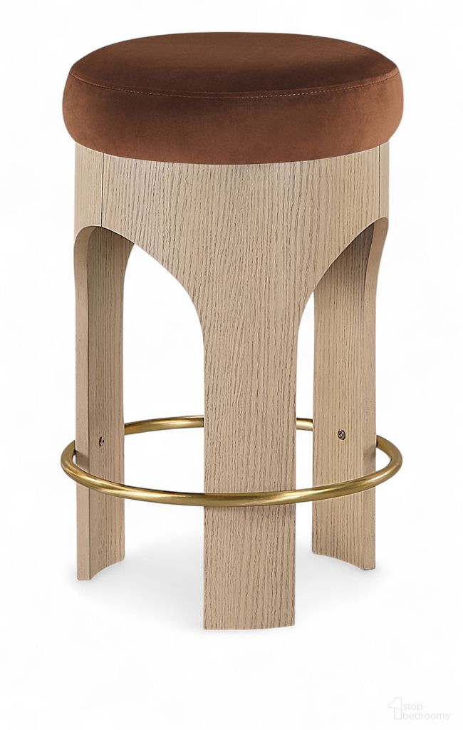 Bocceli Velvet Upholstered Counter Stool In Cognac and Stained Natural