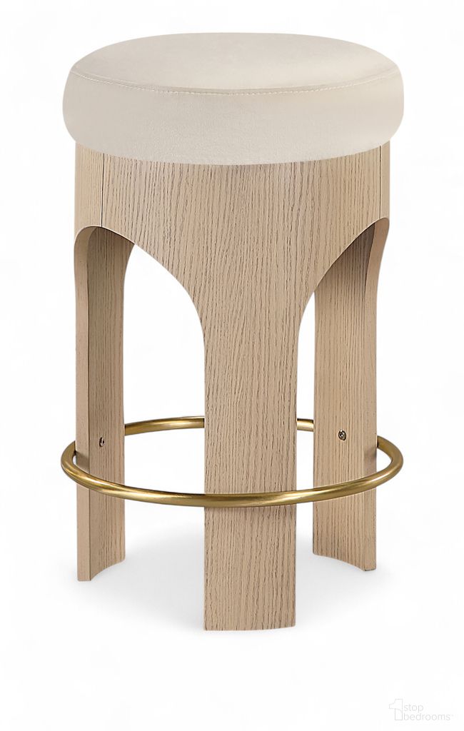 The appearance of Bocceli Velvet Upholstered Counter Stool In Cream and Stained Natural designed by Meridian in the modern / contemporary interior design. This cream/stained natural piece of furniture was selected by 1StopBedrooms from Bocceli Collection to add a touch of cosiness and style into your home. Sku: 11057Cream-C. Material: Velvet.