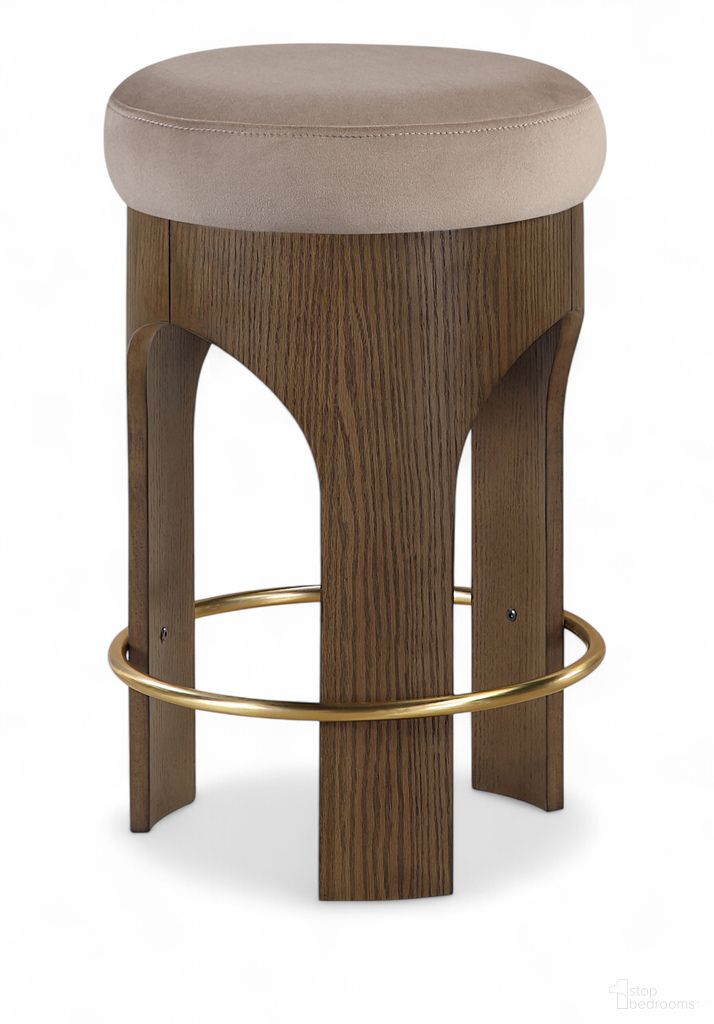 The appearance of Bocceli Velvet Upholstered Counter Stool In Taupe and Stained Walnut designed by Meridian in the modern / contemporary interior design. This taupe/stained walnut piece of furniture  was selected by 1StopBedrooms from Bocceli Collection to add a touch of cosiness and style into your home. Sku: 11059Taupe-C. Material: Velvet.