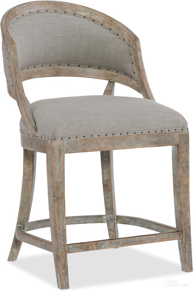 The appearance of Boheme Grey Garnier Barrel Back Counter Stool designed by Hooker in the traditional interior design. This grey piece of furniture was selected by 1StopBedrooms from Boheme Collection to add a touch of cosiness and style into your home. Sku: 5750-25350-MWD. Material: Oak Veneer.