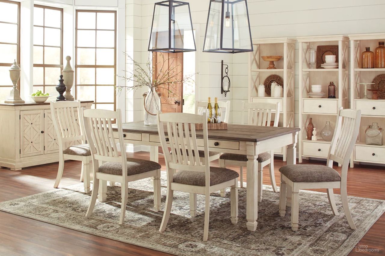 The appearance of Bolanburg Rectangular Dining Room Set designed by Signature Design by Ashley in the transitional interior design. This two-tone piece of furniture was selected by 1StopBedrooms from Bolanburg Collection to add a touch of cosiness and style into your home. Sku: D647-25;D647-01. Table Base Style: Legs. Material: Wood. Table Top Shape: Rectangular. Size: 72" x 40".