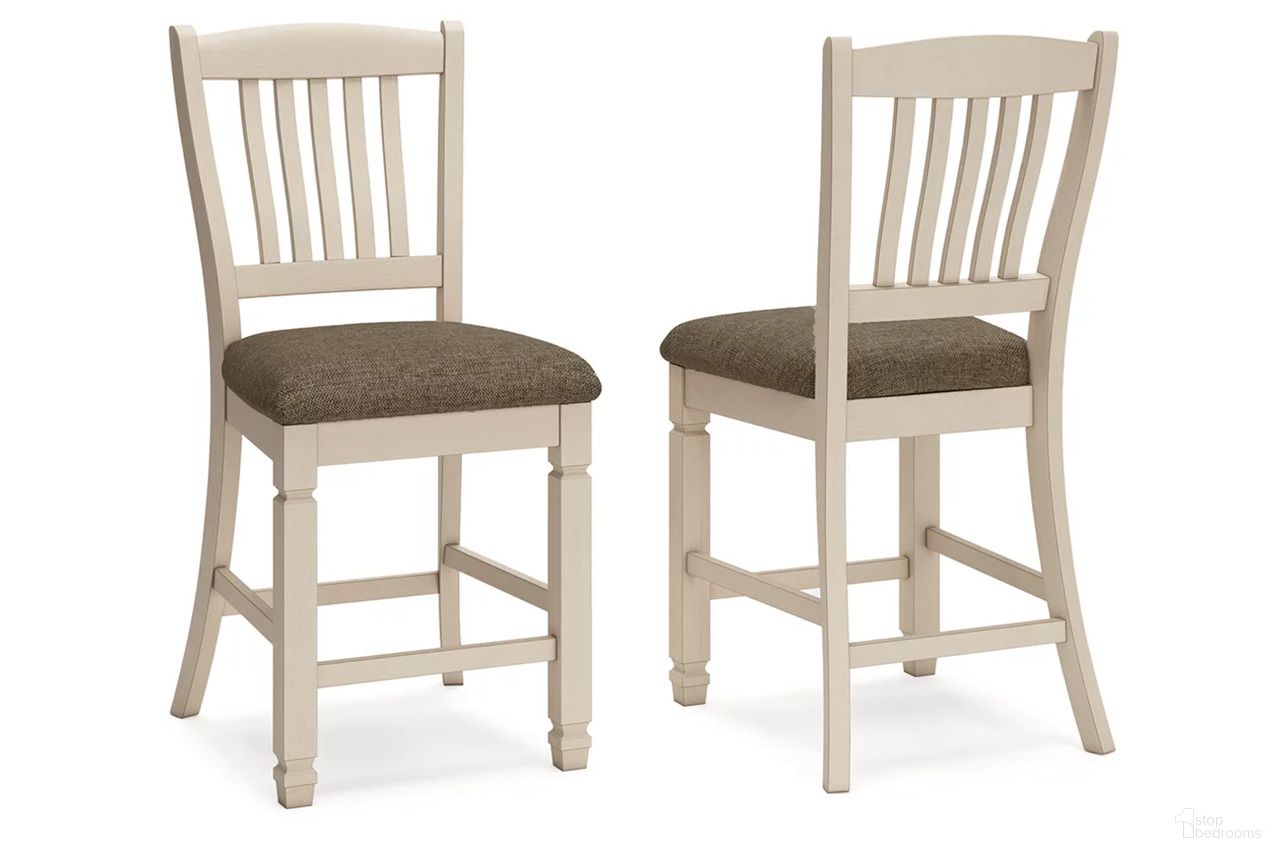 The appearance of Bolanburg Two Tone Upholstered Barstool Set of 2 designed by Signature Design by Ashley in the transitional interior design. This two-tone piece of furniture was selected by 1StopBedrooms from Bolanburg Collection to add a touch of cosiness and style into your home. Sku: D647-124. Material: Fabric.