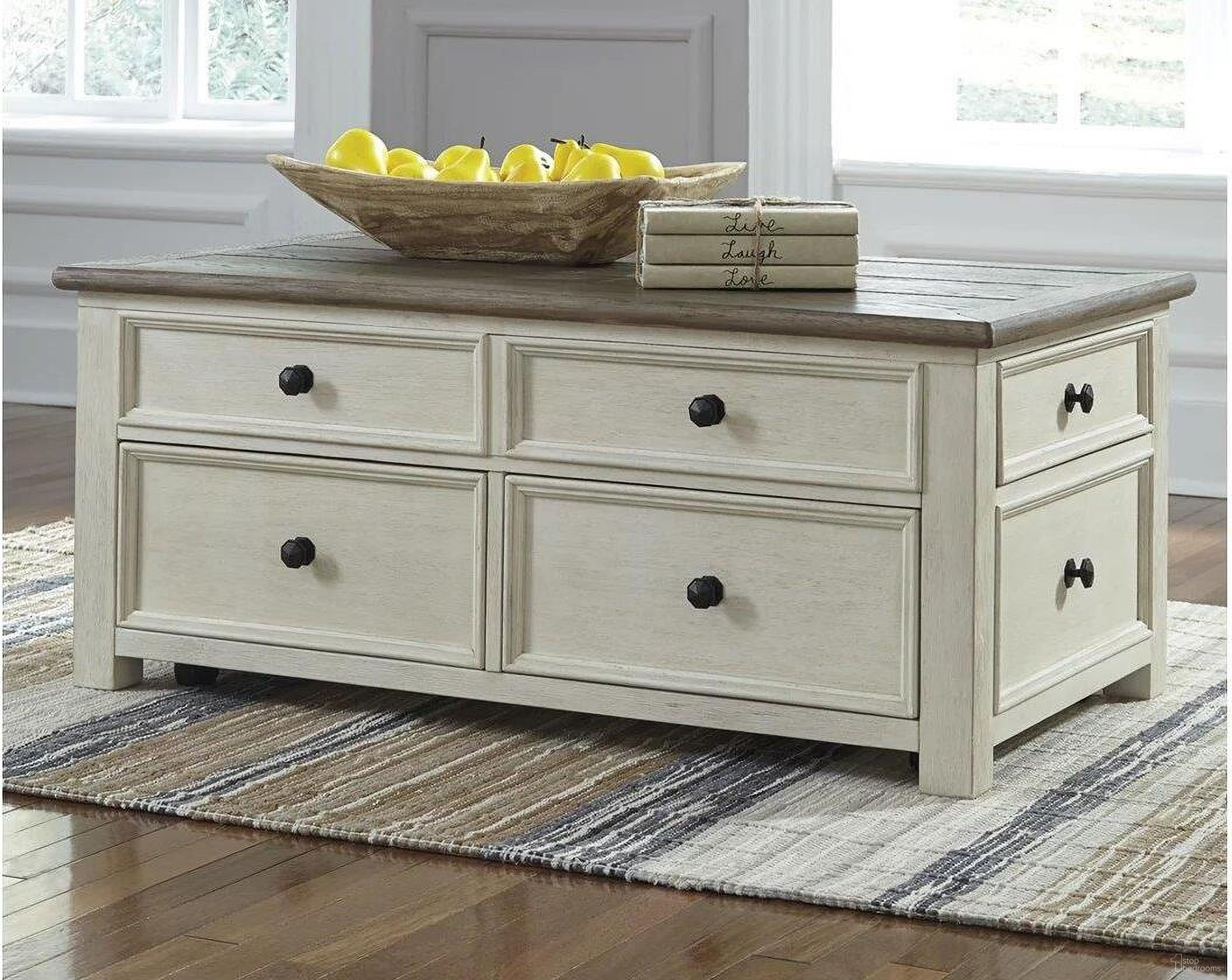 The appearance of Bolanburg Weathered Gray Lift Top Cocktail Table designed by Signature Design by Ashley in the transitional interior design. This two-tone piece of furniture was selected by 1StopBedrooms from Bolanburg Collection to add a touch of cosiness and style into your home. Sku: T637-20. Material: Wood.