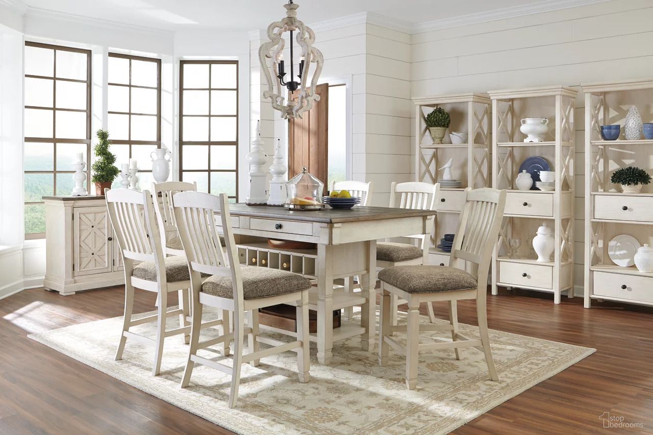 The appearance of Bolanburg White and Gray Rectangular Counter Height Dining Room Set designed by Signature Design by Ashley in the transitional interior design. This two-tone piece of furniture  was selected by 1StopBedrooms from Bolanburg Collection to add a touch of cosiness and style into your home. Sku: D647-32;D647-124. Table Base Style: Legs. Material: Wood. Table Top Shape: Rectangular. Size: 60" x 40".