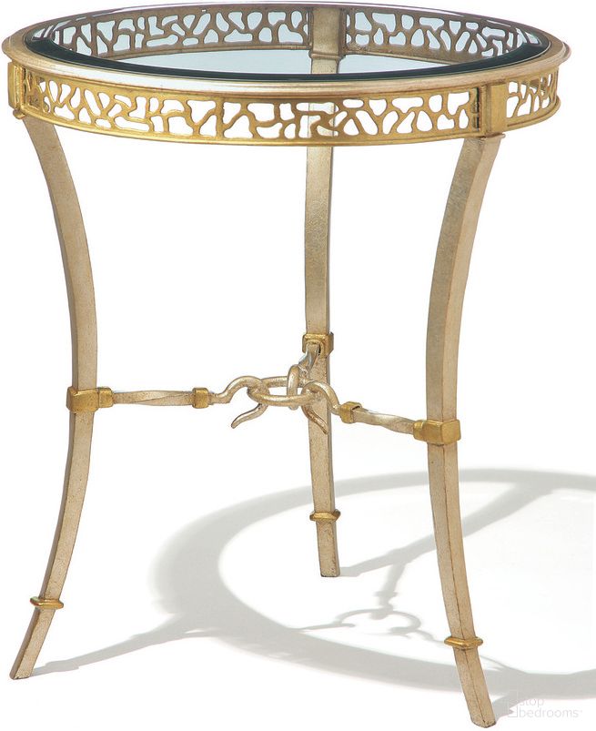 The appearance of Bolero Chairside Table In Burnished Silver and Venetian Gold designed by Maitland-Smith in the bohemian interior design. This burnished silver/venetian gold piece of furniture  was selected by 1StopBedrooms from Maitland Smith Collection to add a touch of cosiness and style into your home. Sku: 88-0530. Material: Metal.