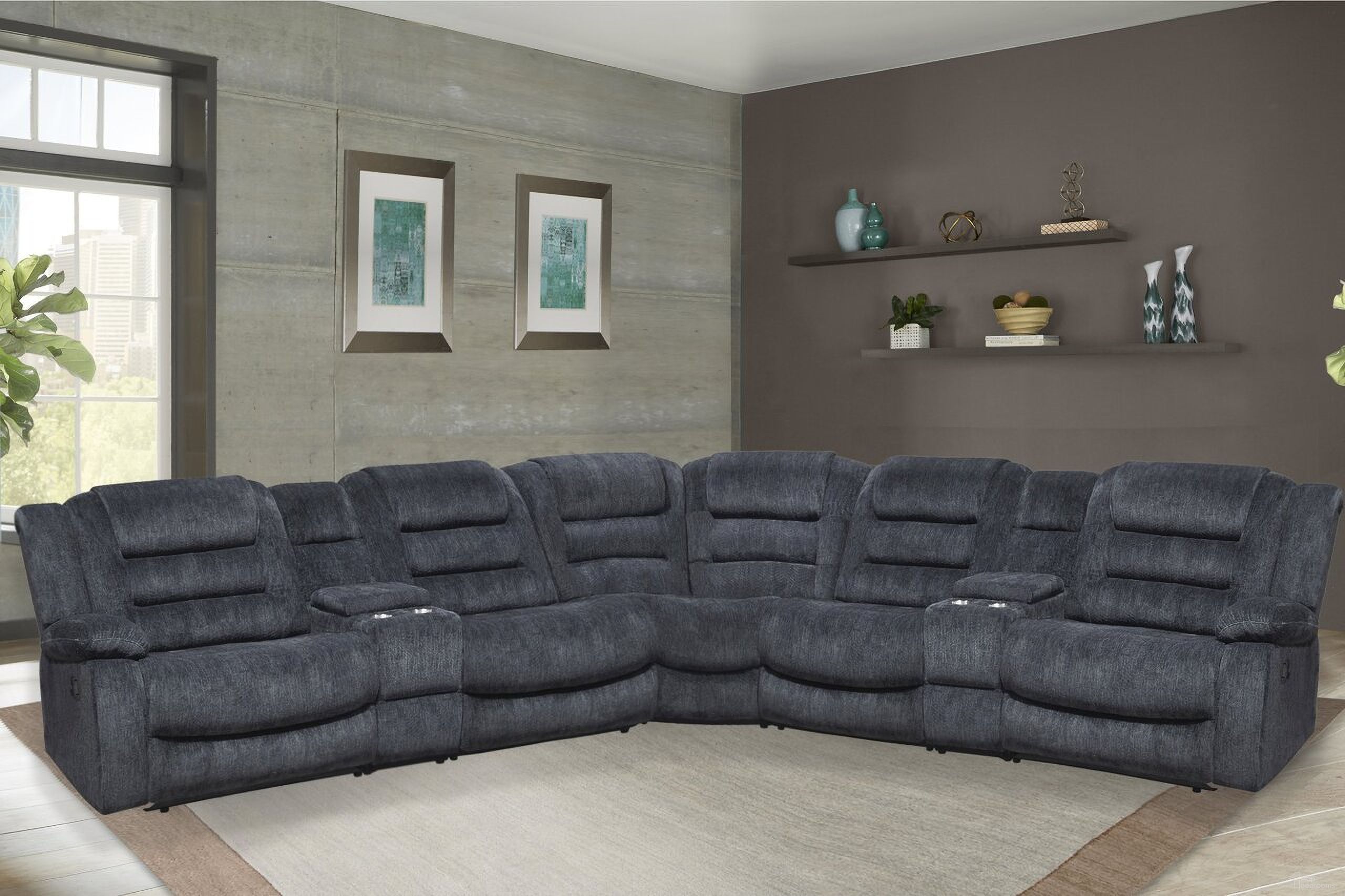The appearance of Bolton 7 Piece Modular Reclining Sectional with Entertainment Console In Misty Storm designed by Parker House in the modern / contemporary interior design. This misty storm piece of furniture was selected by 1StopBedrooms from Bolton Collection to add a touch of cosiness and style into your home. Sku: MBOL#810-MISS;MBOL#811L-MISS;MBOL#811R-MISS;MBOL#840-MISS;MBOL#850-MISS;MBOL#860-MISS;MBOL#860-MISS. Material: Polyester. Layout: L-Shape.