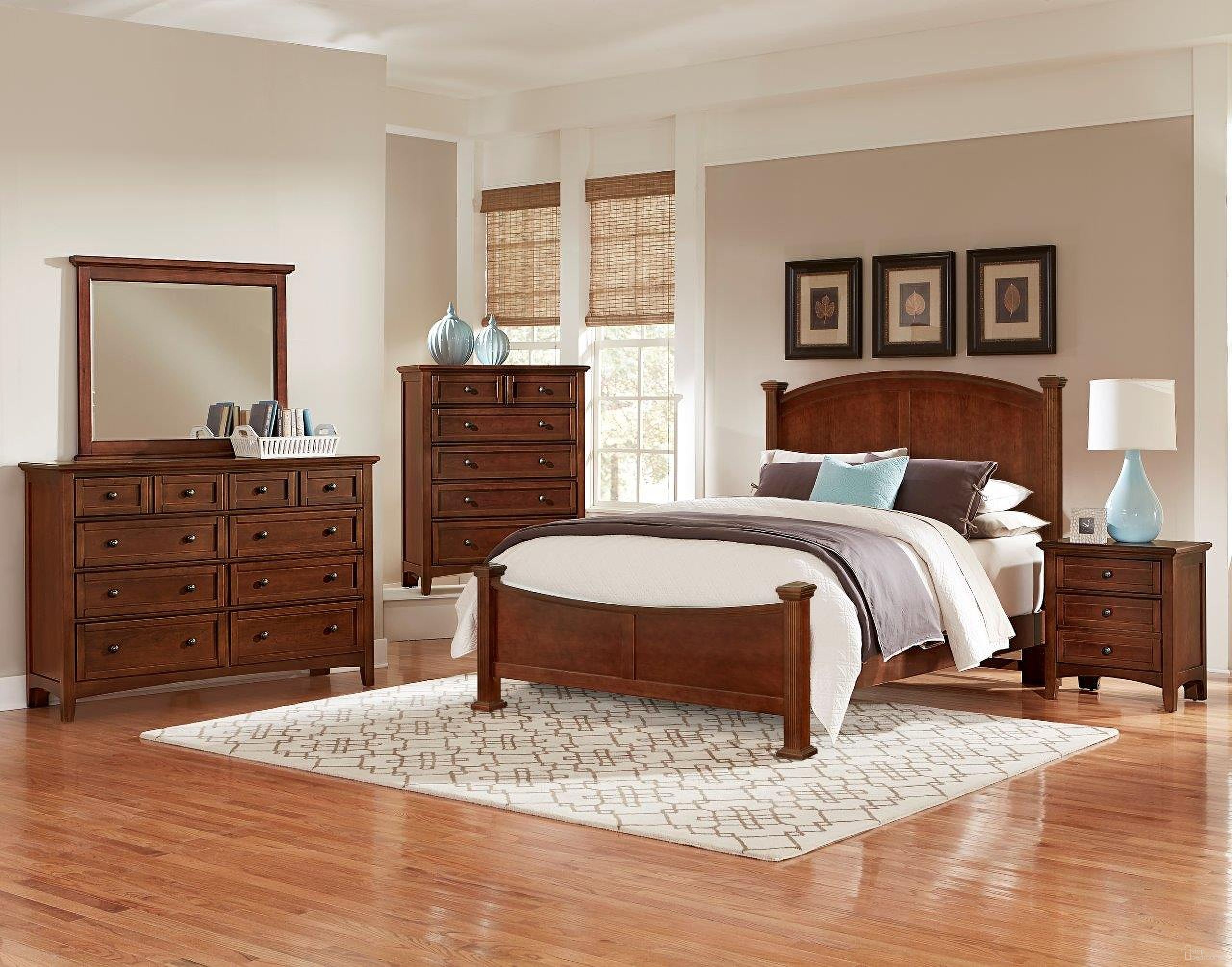 The appearance of Bonanza Poster Bedroom Set In Cherry designed by Vaughan Bassett in the transitional interior design. This cherry piece of furniture was selected by 1StopBedrooms from Bonanza Collection to add a touch of cosiness and style into your home. Sku: BB28-557;BB28-755;BB28-922;BB28-226. Bed Type: Poster Bed. Material: Wood. Bed Size: Queen.