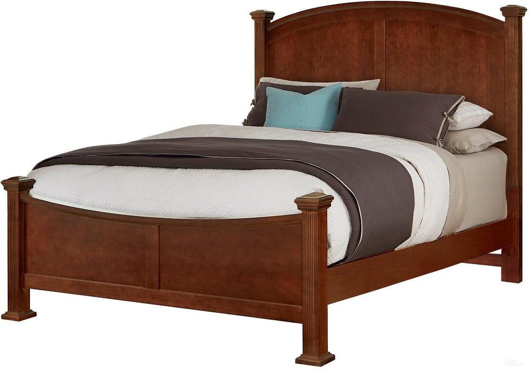 The appearance of Bonanza Queen Poster Bed In Cherry designed by Vaughan Bassett in the transitional interior design. This cherry piece of furniture was selected by 1StopBedrooms from Bonanza Collection to add a touch of cosiness and style into your home. Sku: BB28-557;BB28-755;BB28-922. Bed Type: Poster Bed. Material: Wood. Bed Size: Queen.