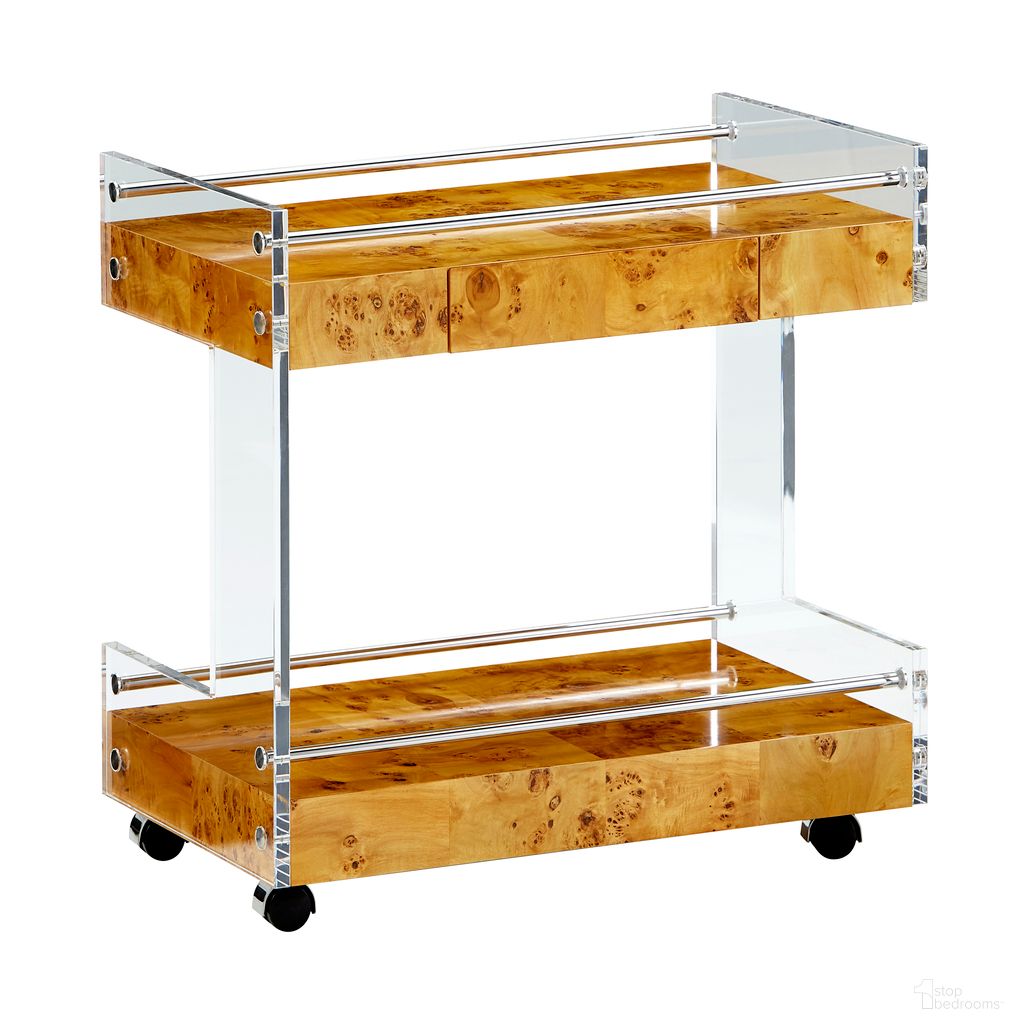 The appearance of Bond Bar Cart In Burled Mappa designed by Jonathan Adler in the modern / contemporary interior design. This burled mappa piece of furniture  was selected by 1StopBedrooms from Bond Collection to add a touch of cosiness and style into your home. Sku: 32695. Material: Wood.