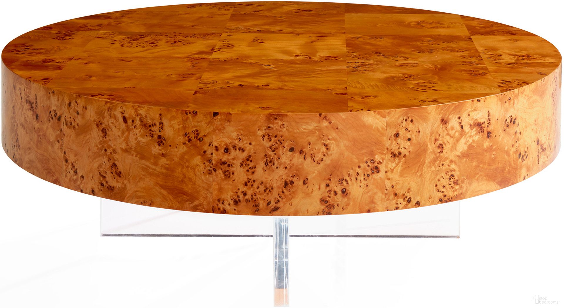 The appearance of Bond Round Cocktail Table In Burled Mappa designed by Jonathan Adler in the modern / contemporary interior design. This burled mappa piece of furniture  was selected by 1StopBedrooms from Bond Collection to add a touch of cosiness and style into your home. Sku: 32274. Material: Wood.