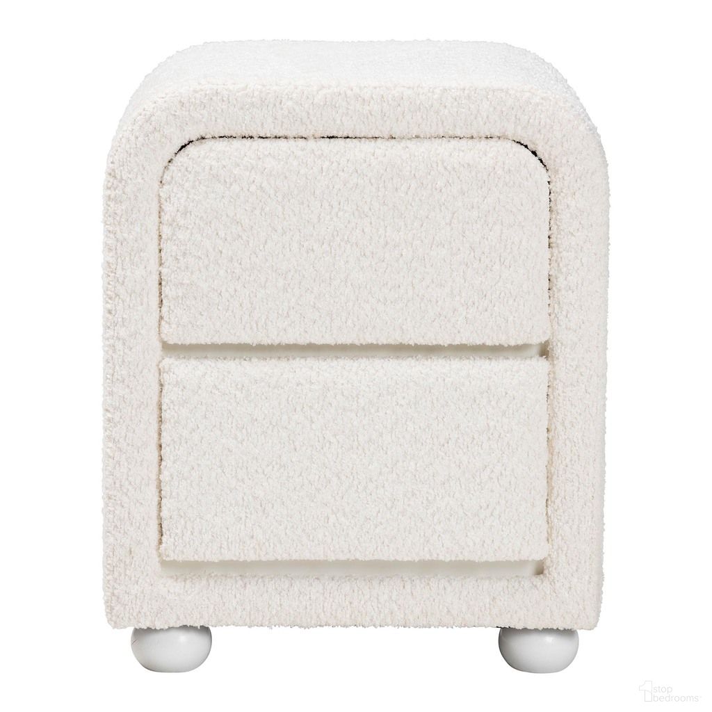 The appearance of Bonilla Teddy-Bear Fabric and Rubberwood 2-Drawer Nightstand In White designed by Baxton Studio in the modern / contemporary interior design. This white piece of furniture was selected by 1StopBedrooms from Bonilla Collection to add a touch of cosiness and style into your home. Sku: BBT3220.11-White-NS. Material: Polyester.
