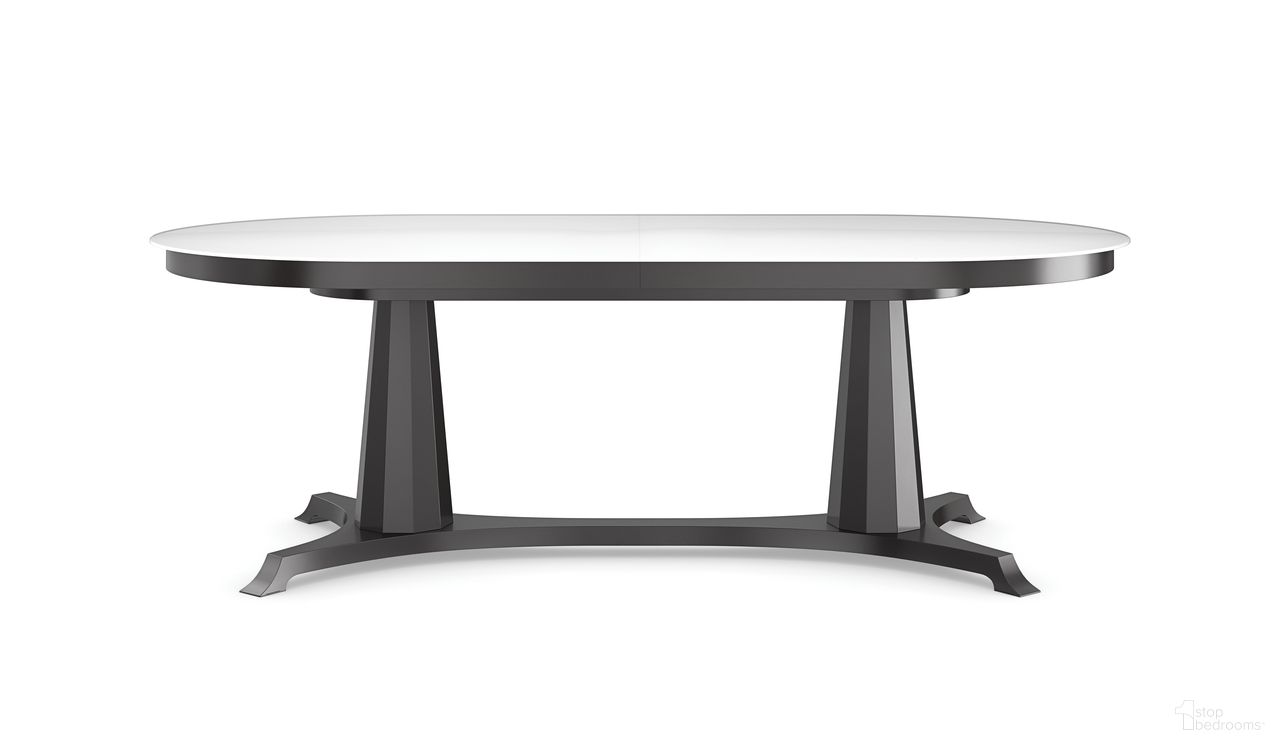 The appearance of Bordeaux Dining Table In Black designed by Caracole in the transitional interior design. This white piece of furniture  was selected by 1StopBedrooms from Bordeaux Collection to add a touch of cosiness and style into your home. Sku: CLA-023-203B;CLA-023-203T. Table Base Style: Trestle. Table Top Shape: Oval. Material: Glass. Size: 46" x 90".