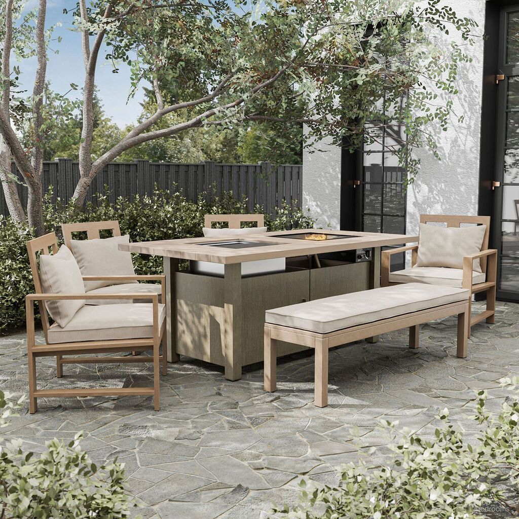 The appearance of Bordeaux Rectangular Outdoor Dining Room Set with Fire Pit and Cooler In Beige and Brown designed by Furniture of America in the modern / contemporary interior design. This beige and brown piece of furniture was selected by 1StopBedrooms from Bordeaux Collection to add a touch of cosiness and style into your home. Sku: GM-2017-1;GM-2017-2;GM-2020-2PK. Table Base Style: Storage. Material: Aluminum. Table Top Shape: Rectangular.