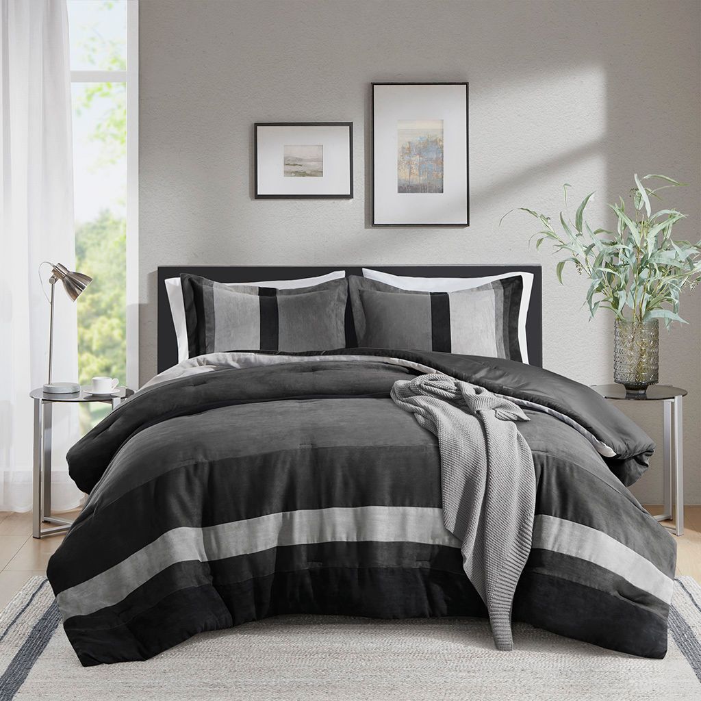 Boulder Stripe Pieced Faux Suede Comforter Set In Black