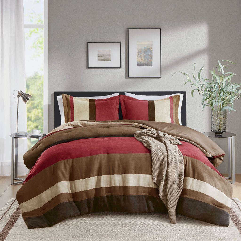 Boulder Stripe Pieced Faux Suede Comforter Set In Brick