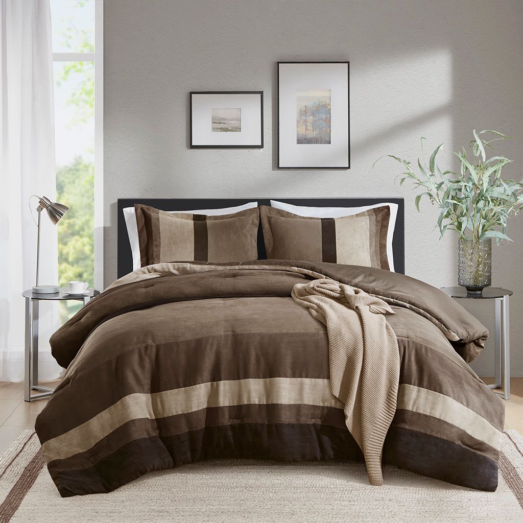 Boulder Stripe Pieced Faux Suede Comforter Set In Brown