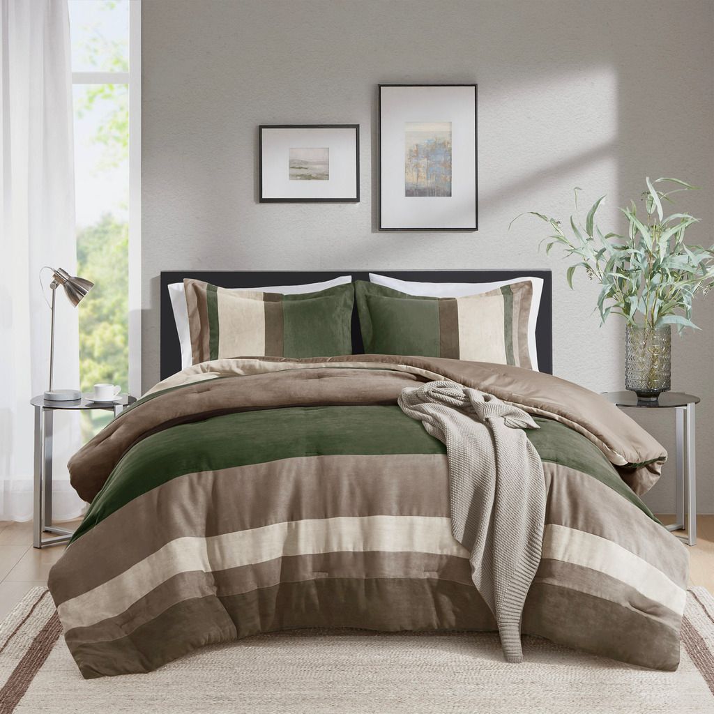 Boulder Stripe Pieced Faux Suede Comforter Set In Green