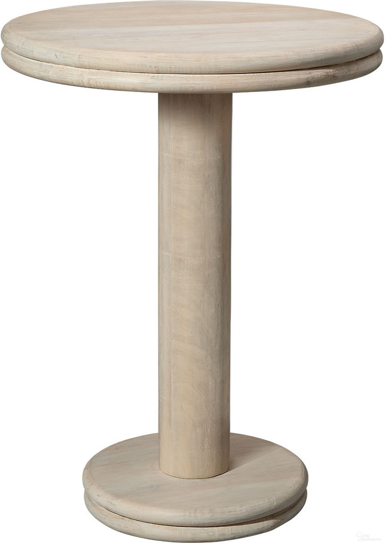 The appearance of Bourbon Mango Wood Bar Table In White Bleach designed by Jamie Young Company in the modern / contemporary interior design. This white bleach piece of furniture was selected by 1StopBedrooms from Bourbon Collection to add a touch of cosiness and style into your home. Sku: 20BOUR-BTBW. Table Top Shape: Round. Material: Wood.