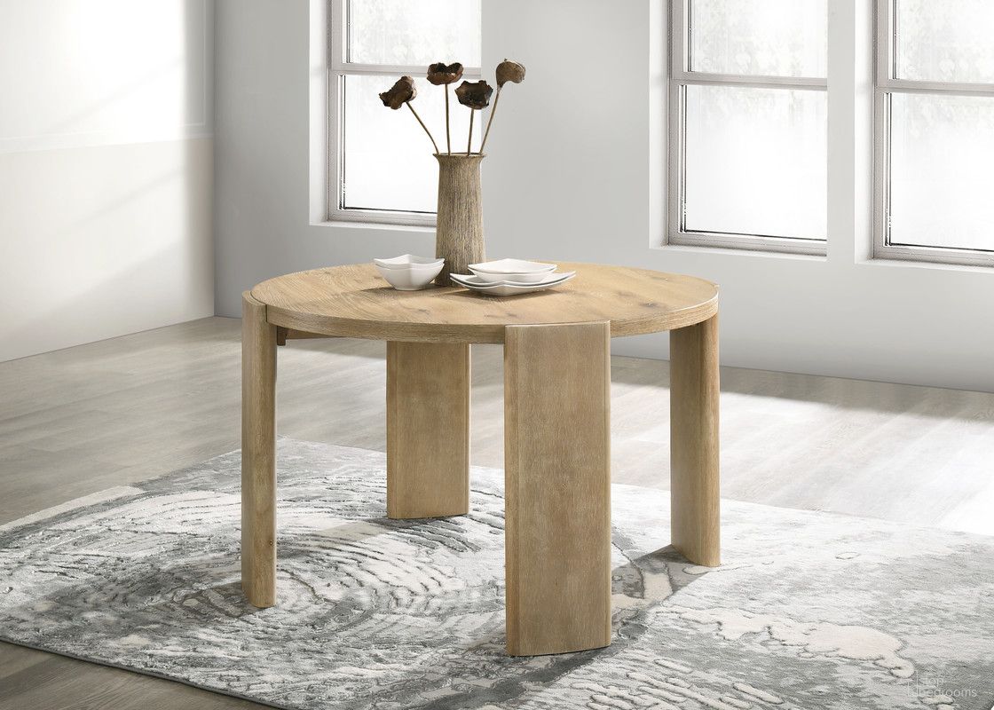 The appearance of Bowen 47 Inch Round Dining Table In Oak designed by Lilola Home in the modern / contemporary interior design. This oak piece of furniture was selected by 1StopBedrooms from Bowen Collection to add a touch of cosiness and style into your home. Sku: 30037-TOP;30037-BASE. Table Base Style: Legs. Table Top Shape: Round. Material: Wood. Size: 47".