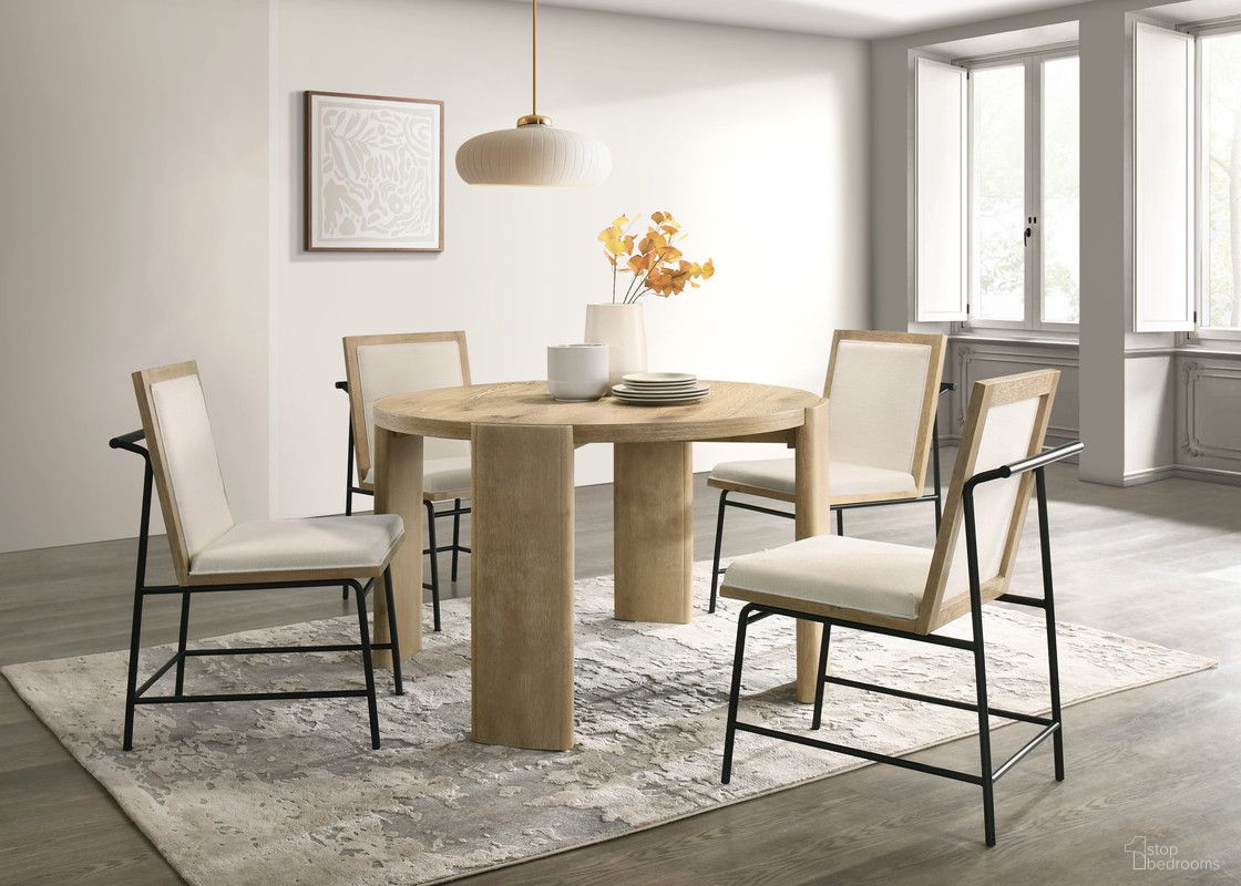 The appearance of Bowen 47 Inch Round Dining Table Set with Cream Color Upholstered Chairs In Oak designed by Lilola Home in the modern / contemporary interior design. This oak piece of furniture was selected by 1StopBedrooms from Bowen Collection to add a touch of cosiness and style into your home. Sku: 30037-TOP;30037-BASE;30036-C;30036-C. Table Base Style: Legs. Table Top Shape: Round. Material: Wood.