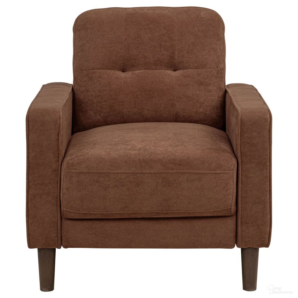 The appearance of Bowen II Fabric Upholstered Track Arm Accent Chair In Rust designed by Coaster in the transitional interior design. This rust piece of furniture  was selected by 1StopBedrooms from Bowen II Collection to add a touch of cosiness and style into your home. Sku: 509973. Material: Fabric.