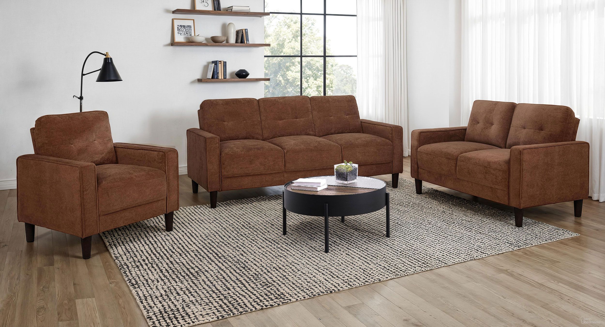 The appearance of Bowen II Fabric Upholstered Track Arm Living Room Set In Rust designed by Coaster in the transitional interior design. This rust piece of furniture was selected by 1StopBedrooms from Bowen II Collection to add a touch of cosiness and style into your home. Sku: 509971;509972. Material: Fabric.