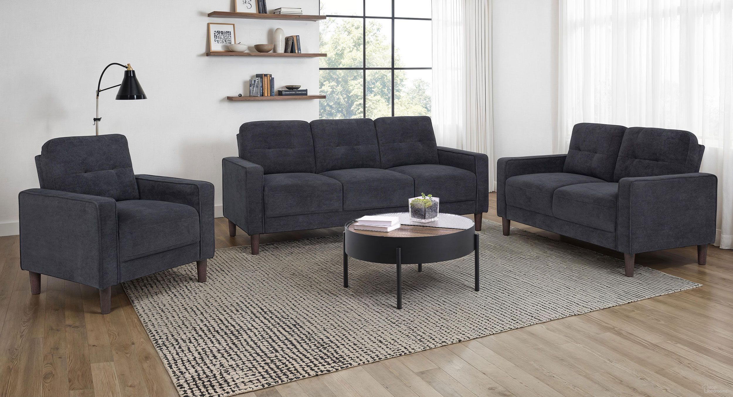 Bowen II Fabric Upholstered Track Arm Living Room Set In Steel Grey