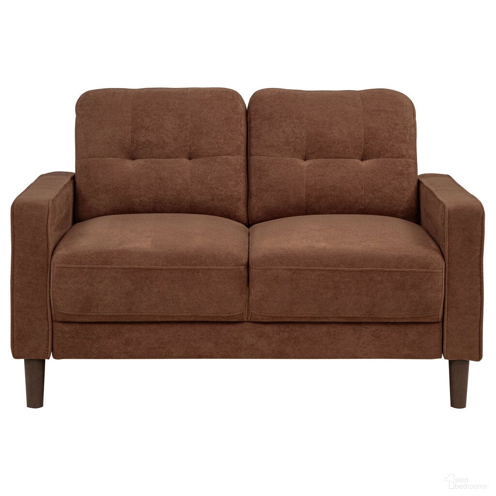 The appearance of Bowen II Fabric Upholstered Track Arm Loveseat In Rust designed by Coaster in the transitional interior design. This rust piece of furniture  was selected by 1StopBedrooms from Bowen II Collection to add a touch of cosiness and style into your home. Sku: 509972. Material: Fabric.