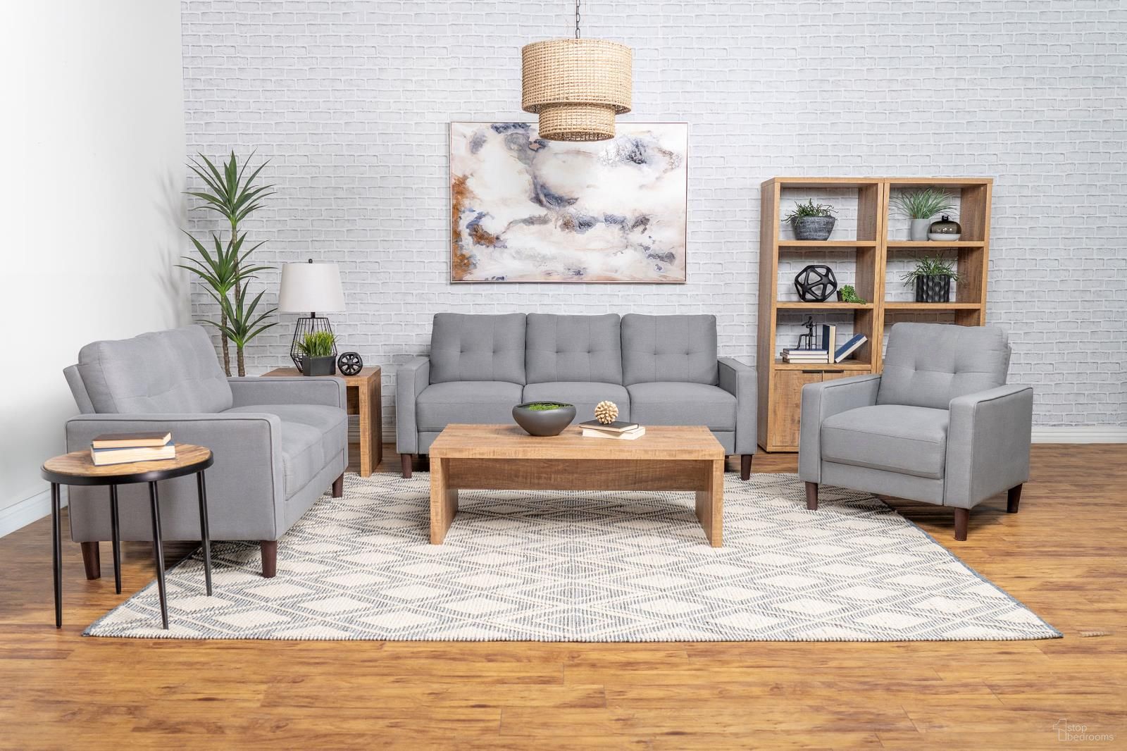 The appearance of Bowen Living Room Set In Grey designed by Coaster in the transitional interior design. This grey piece of furniture was selected by 1StopBedrooms from Bowen Collection to add a touch of cosiness and style into your home. Sku: 506781;506782. Material: Upholstered.