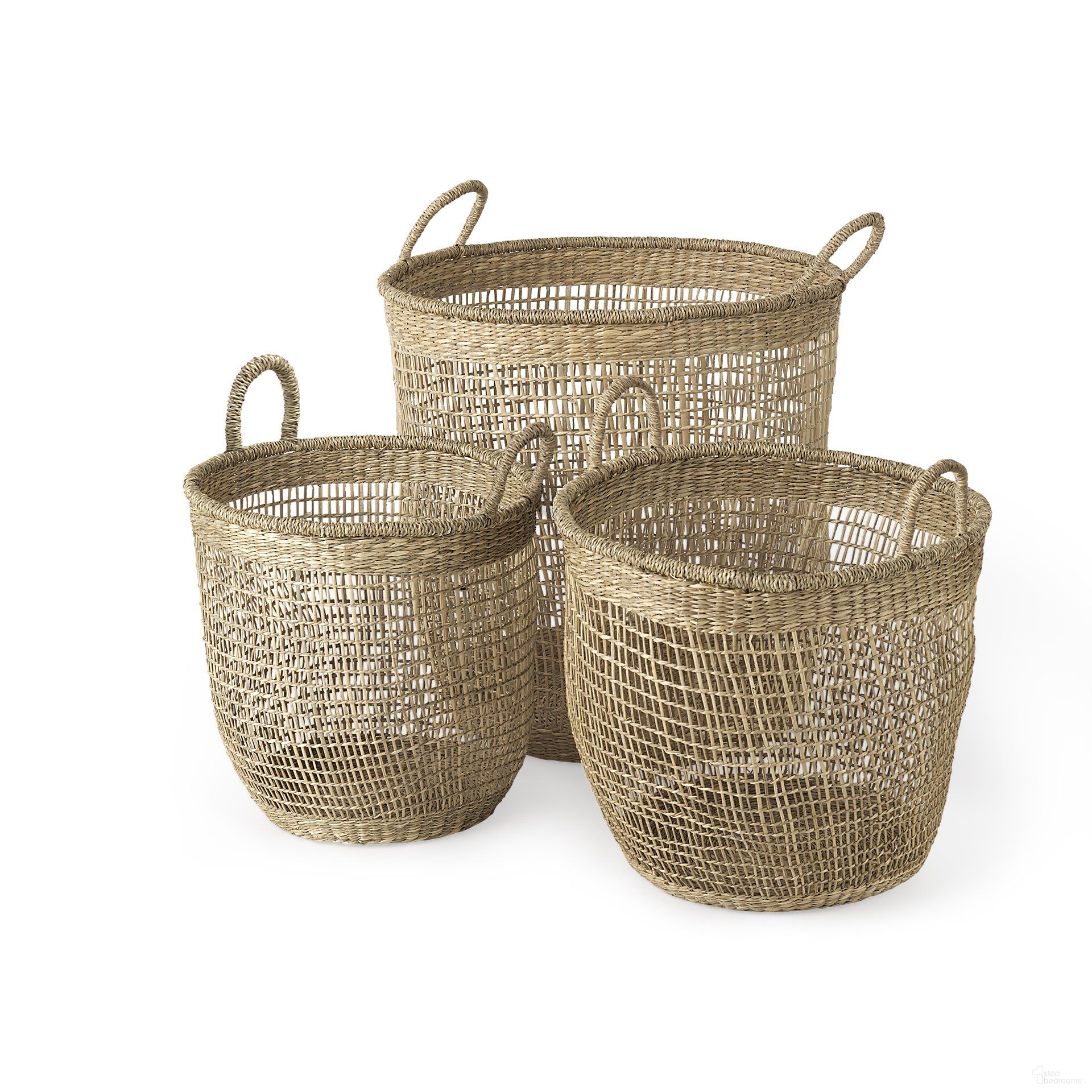 Bowie Seagrass Round Basket with Handles Set of 3 In Medium Brown