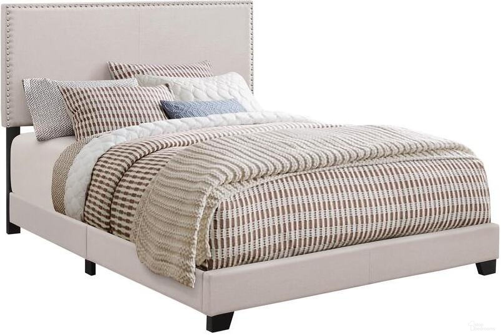 The appearance of Boyd Queen Upholstered Bed with Nailhead Trim Ivory designed by Coaster in the transitional interior design. This ivory piece of furniture  was selected by 1StopBedrooms from Boyd Collection to add a touch of cosiness and style into your home. Sku: 350051Q. Material: Upholstered. Bed Size: Queen. Bed Type: Upholstered Bed.