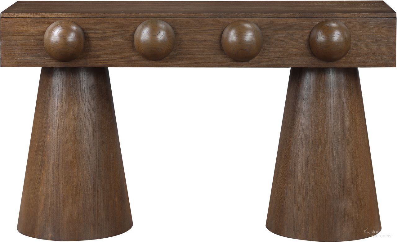 The appearance of Bracciano Oak Veneer Console Table In Brown designed by Meridian in the modern / contemporary interior design. This brown piece of furniture  was selected by 1StopBedrooms from Bracciano Collection to add a touch of cosiness and style into your home. Sku: 99043Brown-T. Material: Oak Veneer.