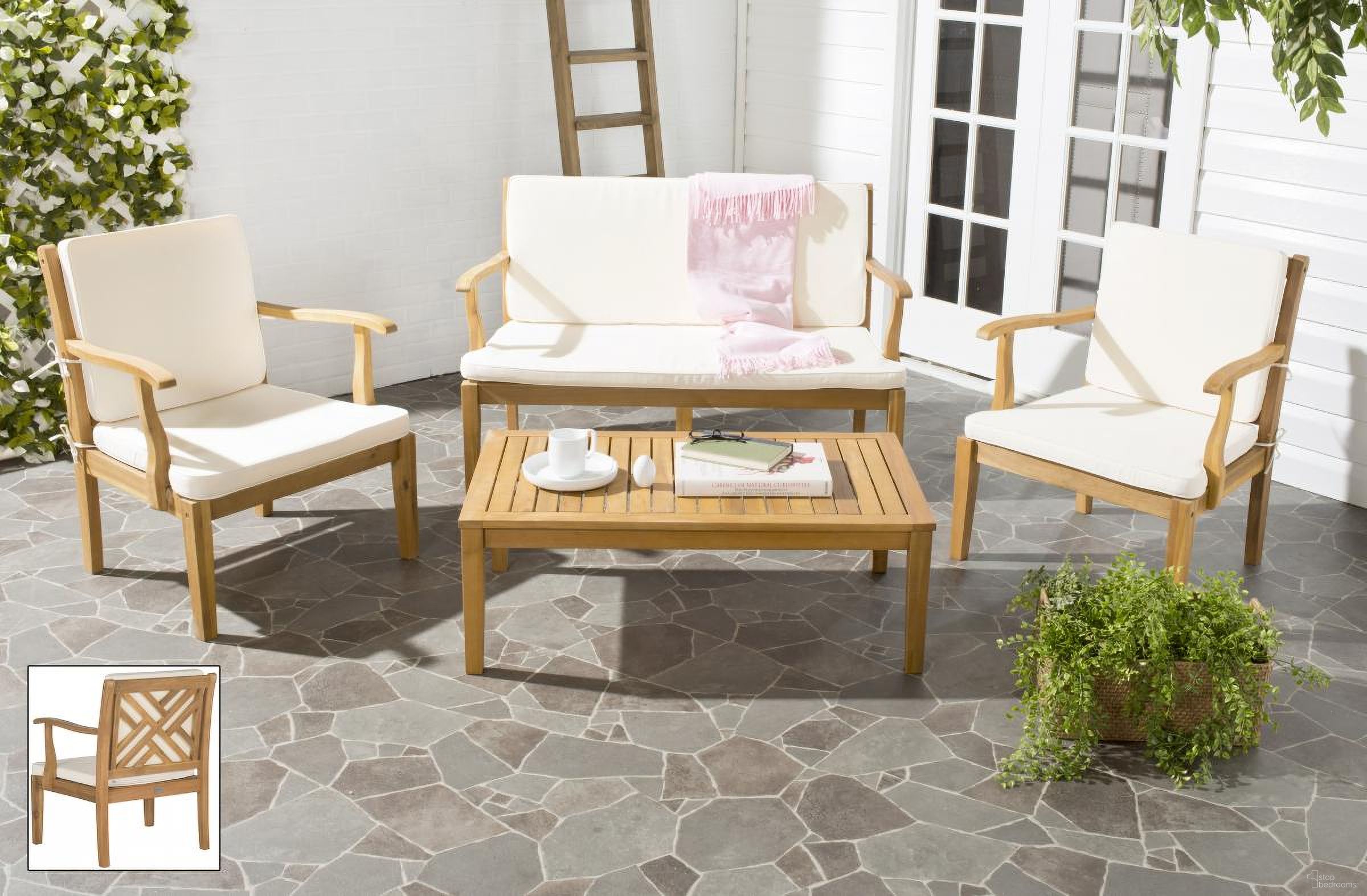 The appearance of Bradbury Teak Brown and Beige 4-Piece Outdoor Living Set designed by Safavieh in the modern / contemporary interior design. This beige piece of furniture was selected by 1StopBedrooms from Bradbury Collection to add a touch of cosiness and style into your home. Sku: PAT6710A. Material: Steel.