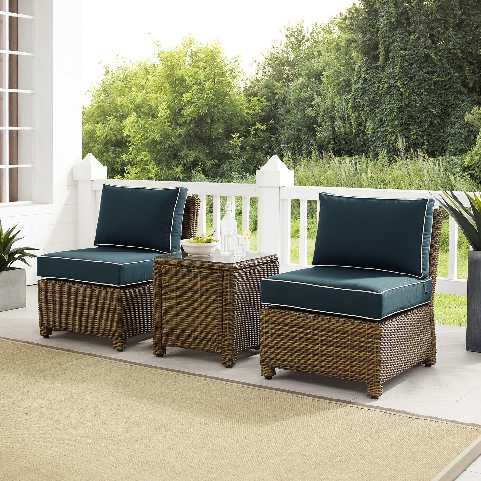 The appearance of Bradenton 3 Piece Armless Wicker Outdoor Chair Set In Navy and Weathered Brown designed by Crosley Brands in the traditional interior design. This navy piece of furniture  was selected by 1StopBedrooms from Bradenton Collection to add a touch of cosiness and style into your home. Sku: CO7113-WB;CO7113-WB;CO7219-WB;MO7499-NV. Material: Steel.
