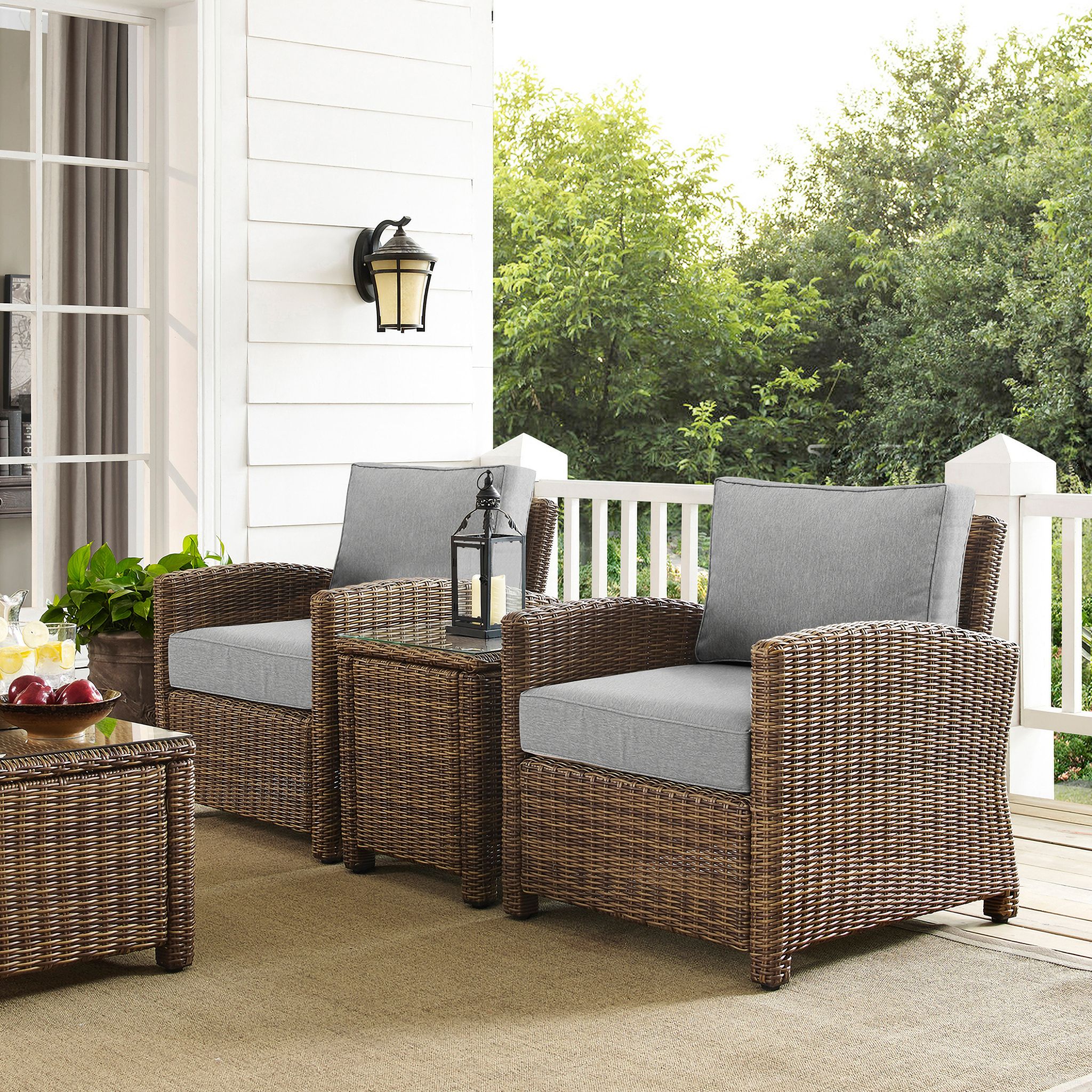 The appearance of Bradenton 3 Piece Wicker Outdoor Chair Set In Gray and Weathered Brown designed by Crosley Brands in the traditional interior design. This gray piece of furniture was selected by 1StopBedrooms from Bradenton Collection to add a touch of cosiness and style into your home. Sku: CO7116-WB;CO7116-WB;CO7219-WB;MO7499-GY. Material: Steel.