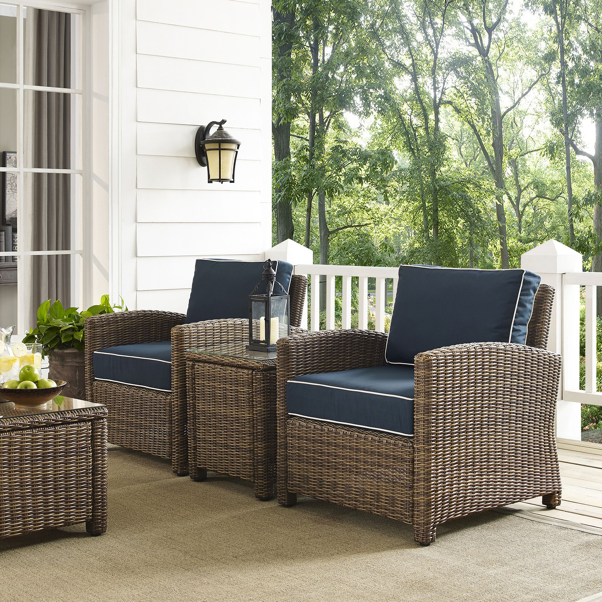 The appearance of Bradenton 3 Piece Wicker Outdoor Chair Set In Navy and Weathered Brown designed by Crosley Brands in the traditional interior design. This navy piece of furniture  was selected by 1StopBedrooms from Bradenton Collection to add a touch of cosiness and style into your home. Sku: CO7116-WB;CO7116-WB;CO7219-WB;MO7499-NV. Material: Steel.