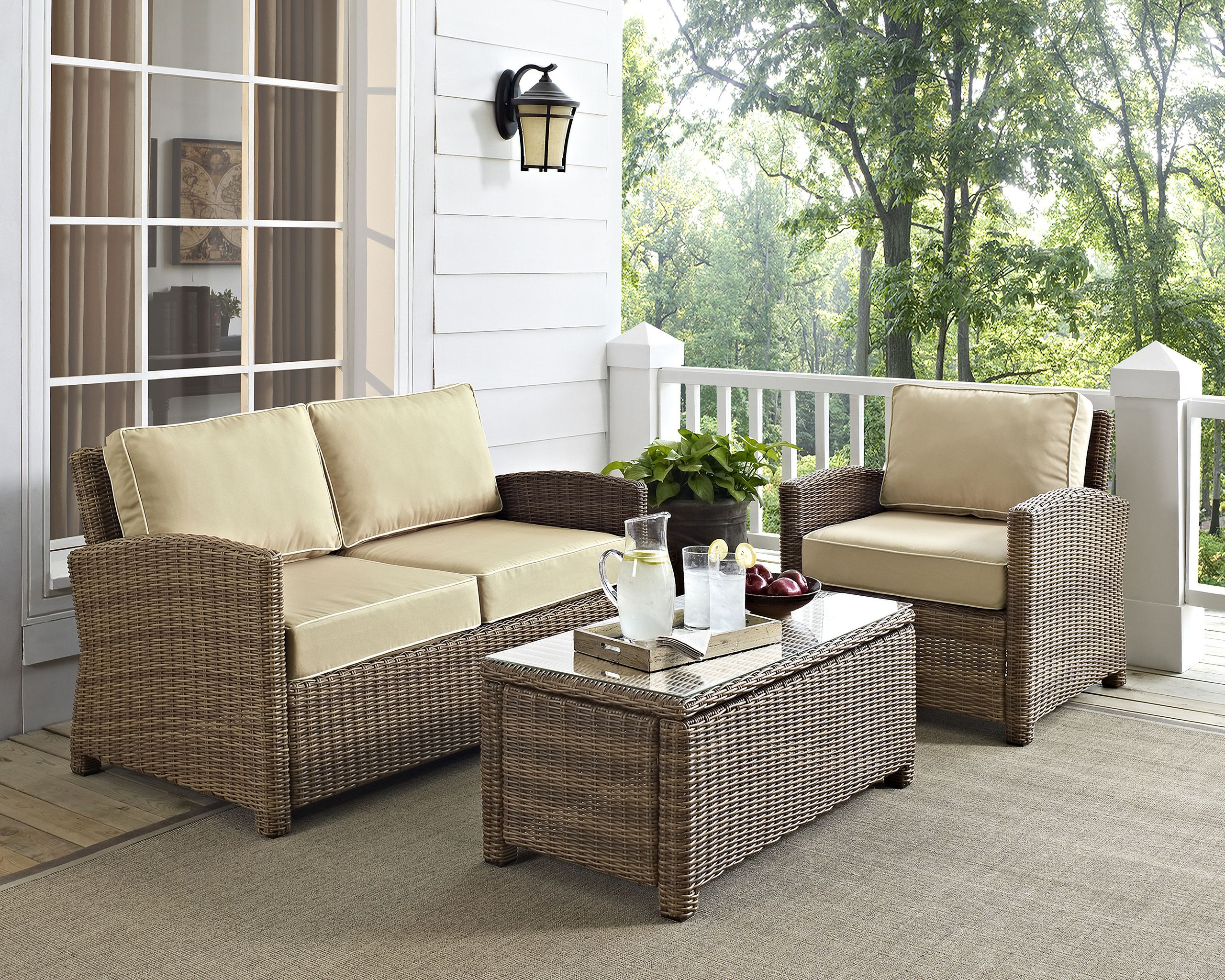 The appearance of Bradenton 3 Piece Wicker Outdoor Loveseat Patio Furniture Set In Sand and Weathered Brown designed by Crosley Brands in the traditional interior design. This sand piece of furniture  was selected by 1StopBedrooms from Bradenton Collection to add a touch of cosiness and style into your home. Sku: CO7115-WB;CO7116-WB;CO7208-WB;MO7495-SA. Material: Steel.