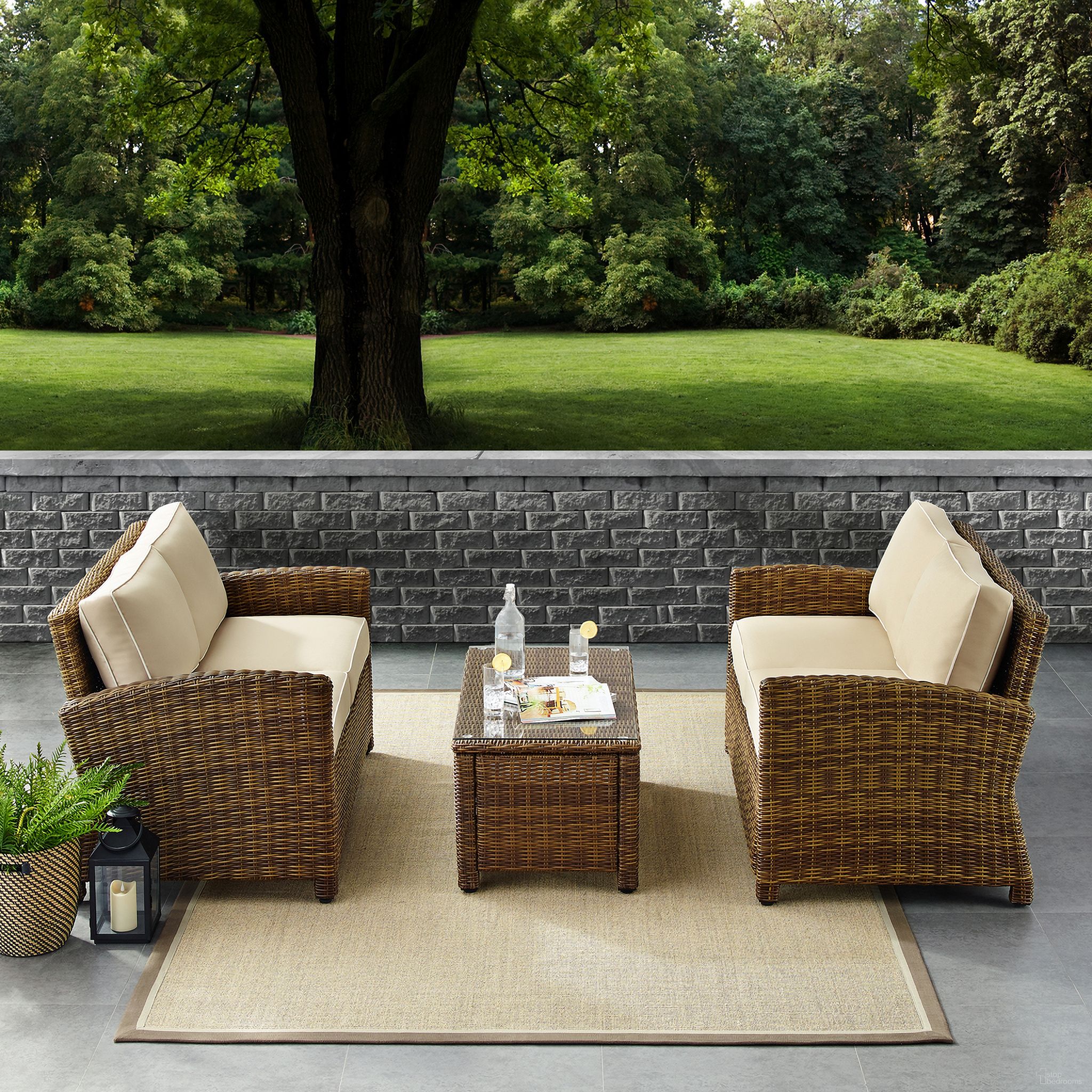 The appearance of Bradenton 3 Piece Wicker Outdoor Loveseat Patio Furniture Set In Sand and Weathered Brown designed by Crosley Brands in the traditional interior design. This sand piece of furniture  was selected by 1StopBedrooms from Bradenton Collection to add a touch of cosiness and style into your home. Sku: CO7115-WB;CO7115-WB;CO7208-WB;MO7496-SA. Material: PVC.
